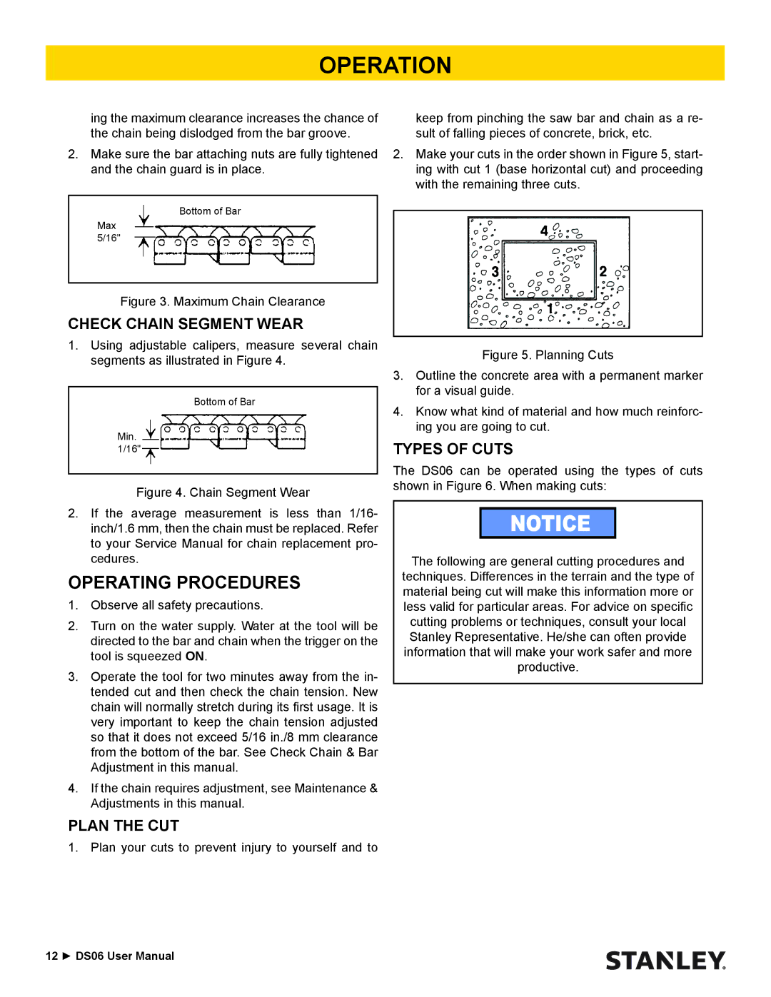 Stanley Black & Decker DS06 user manual Operating Procedures, Check Chain Segment Wear 