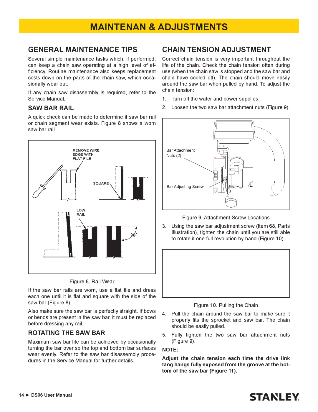 Stanley Black & Decker DS06 user manual Maintenan & Adjustments, General Maintenance Tips, Chain Tension Adjustment 