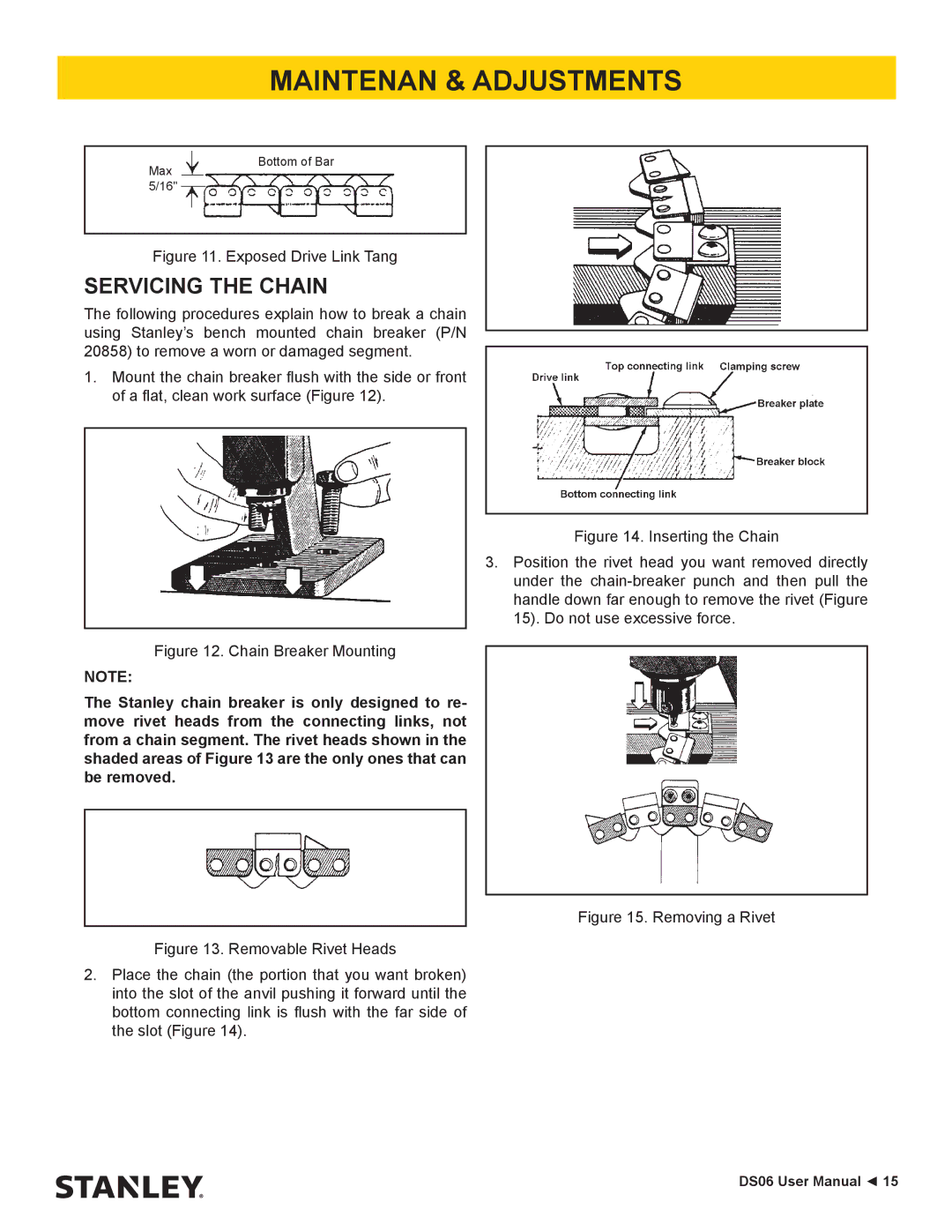 Stanley Black & Decker DS06 user manual Servicing the Chain, Exposed Drive Link Tang 