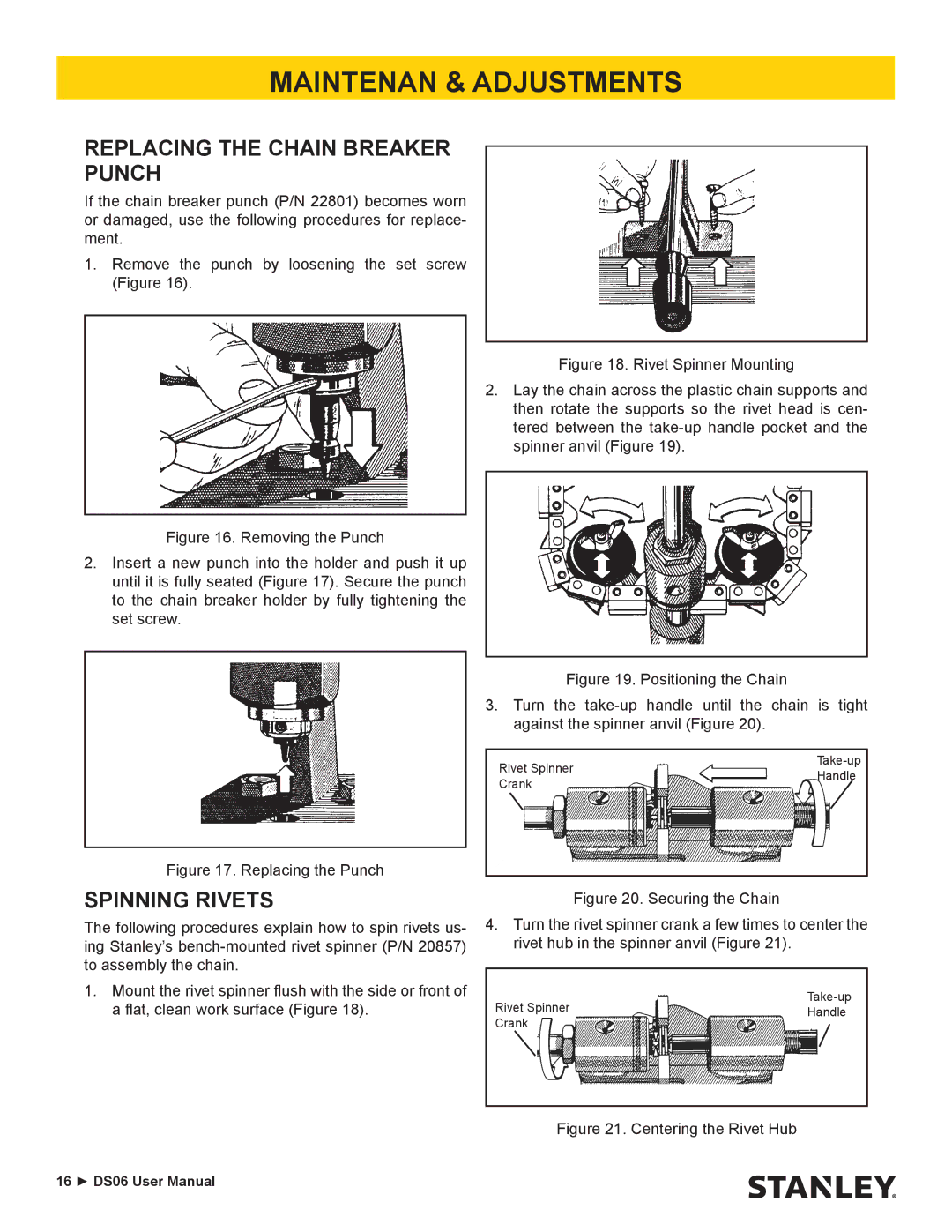 Stanley Black & Decker DS06 user manual Replacing the Chain Breaker Punch, Spinning Rivets 