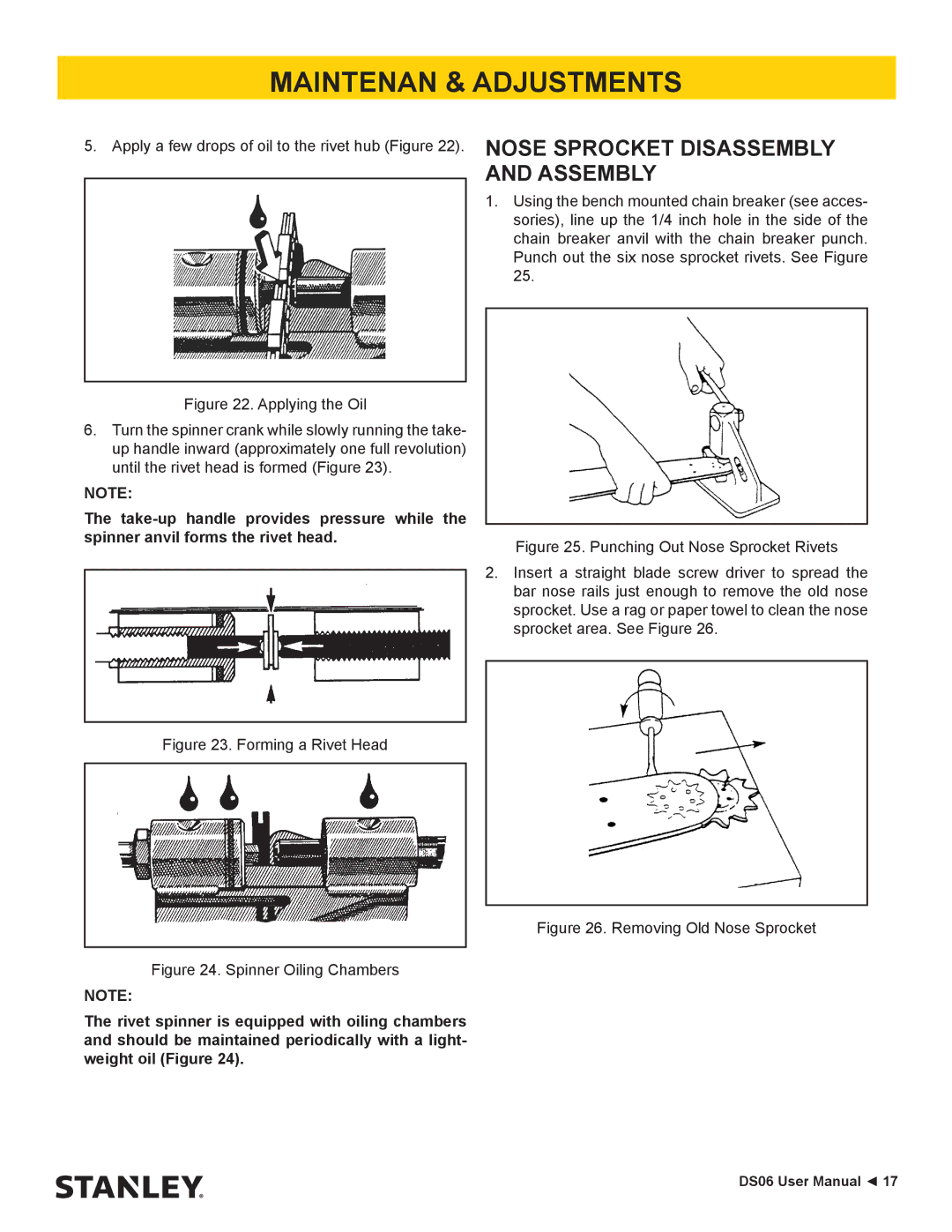 Stanley Black & Decker DS06 user manual Nose Sprocket Disassembly and Assembly, Forming a Rivet Head 