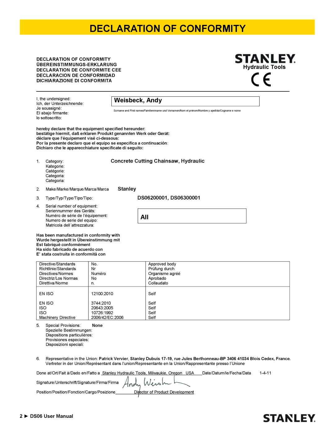 Stanley Black & Decker DS06 user manual Declaration of Conformity, Weisbeck, Andy 