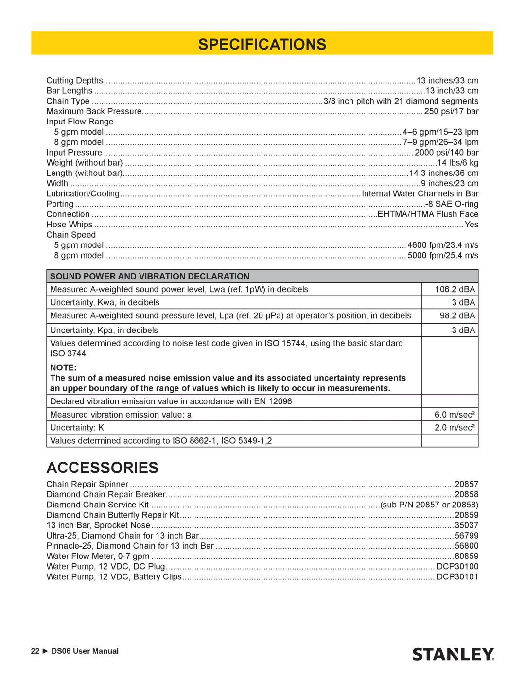 Stanley Black & Decker DS06 user manual Specifications, Accessories 