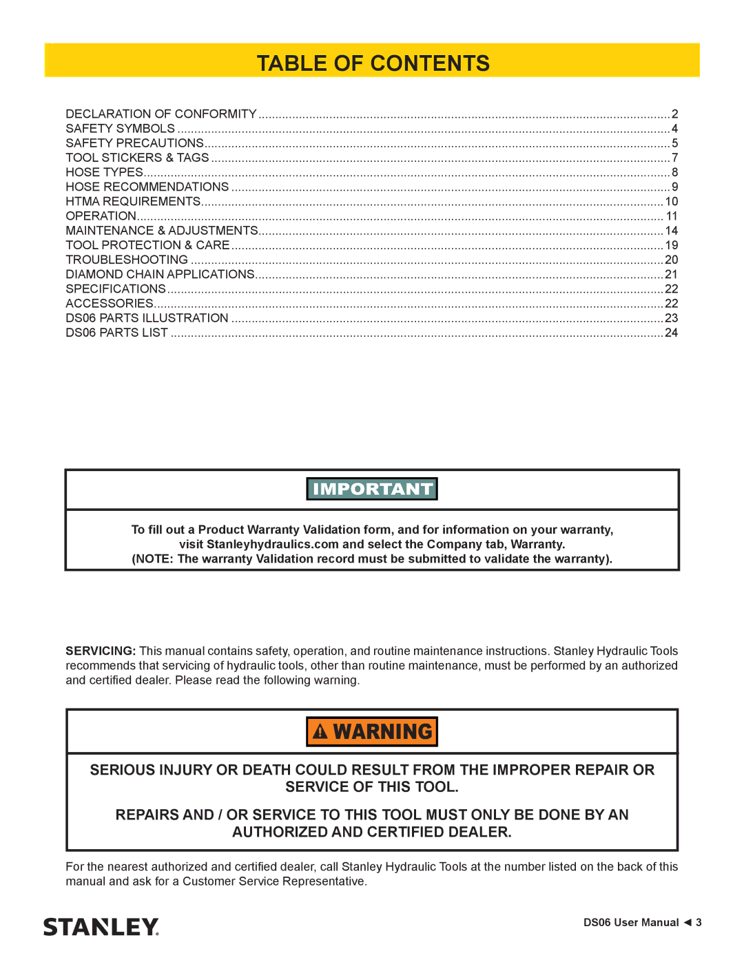 Stanley Black & Decker DS06 user manual Table of Contents 