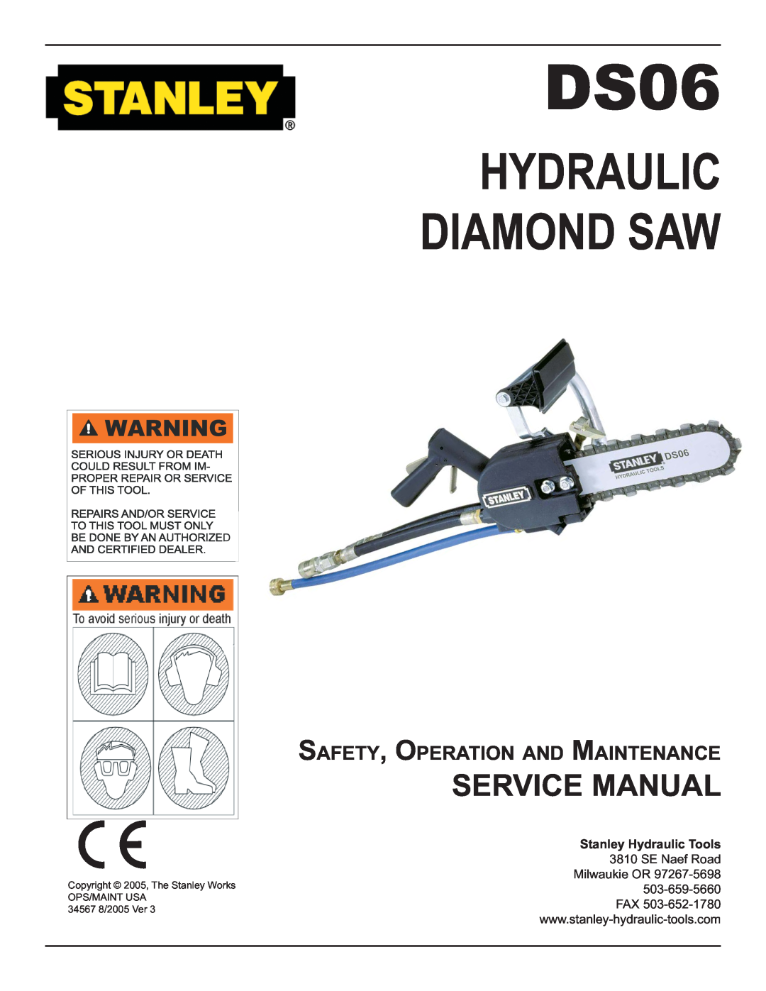Stanley Black & Decker DS06 manual Hydraulic Diamond Saw, Safety, Operation And Maintenance 