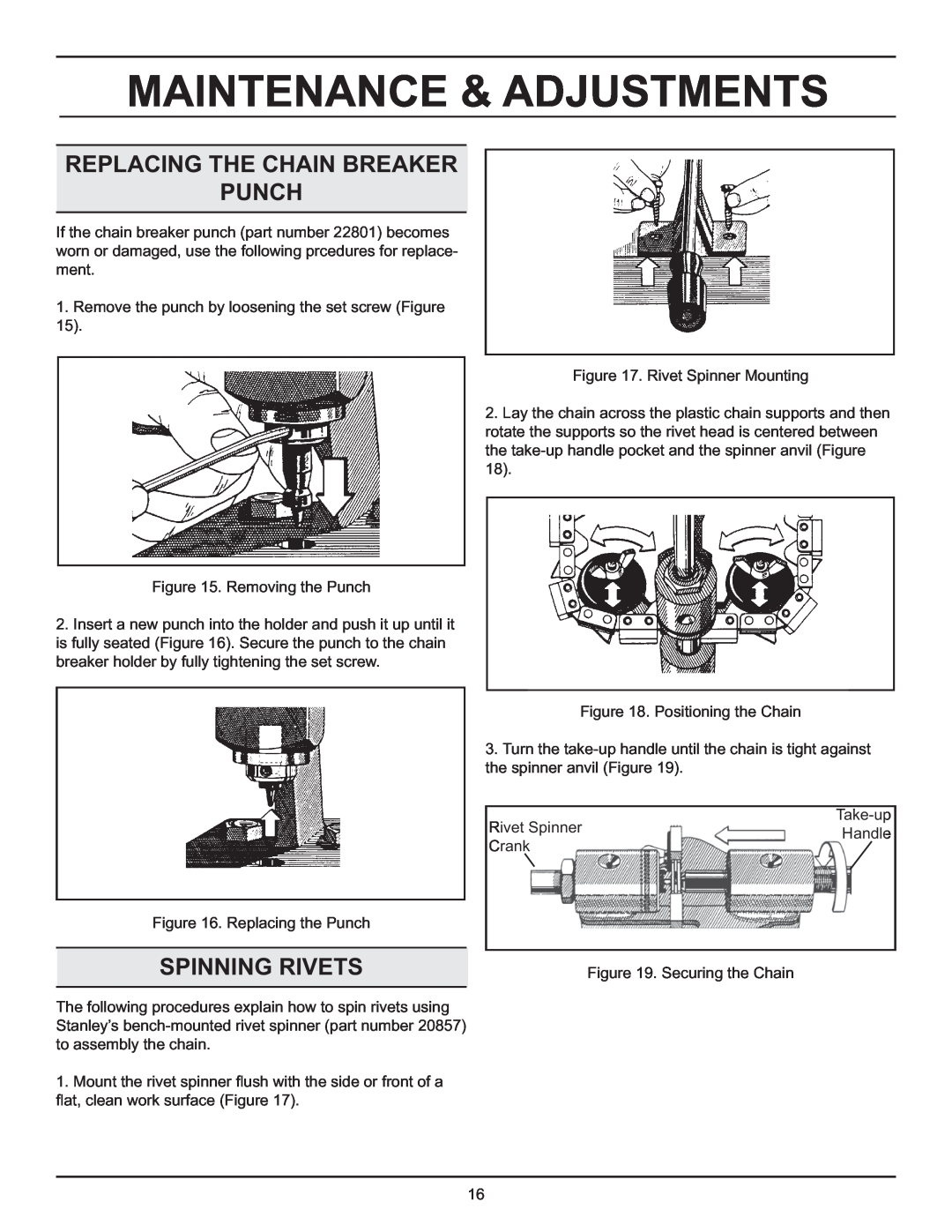 Stanley Black & Decker DS06 manual Replacing The Chain Breaker Punch, Spinning Rivets, Maintenance & Adjustments 