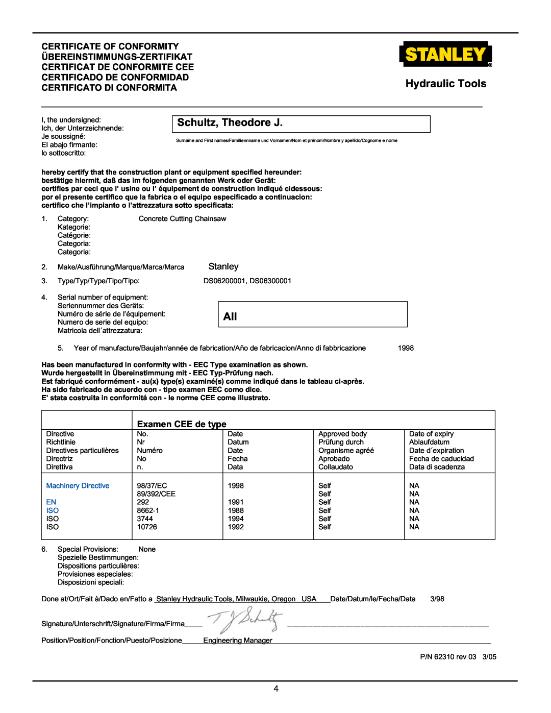 Stanley Black & Decker DS06 Hydraulic Tools, Schultz, Theodore J, Certificate Of Conformity, Übereinstimmungs-Zertifikat 