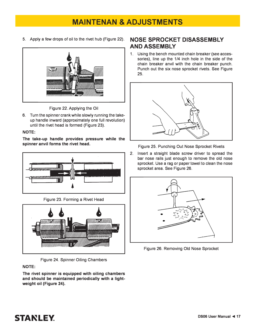 Stanley Black & Decker DS06 user manual Nose Sprocket Disassembly And Assembly, Maintenan & Adjustments 