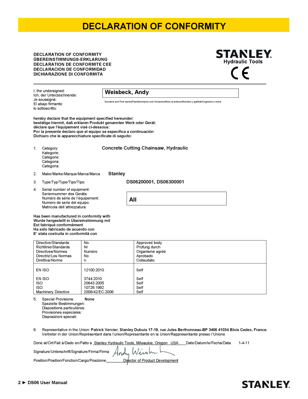 Stanley Black & Decker DS06 Declaration Of Conformity, Weisbeck, Andy, Concrete Cutting Chainsaw, Hydraulic, Stanley, None 