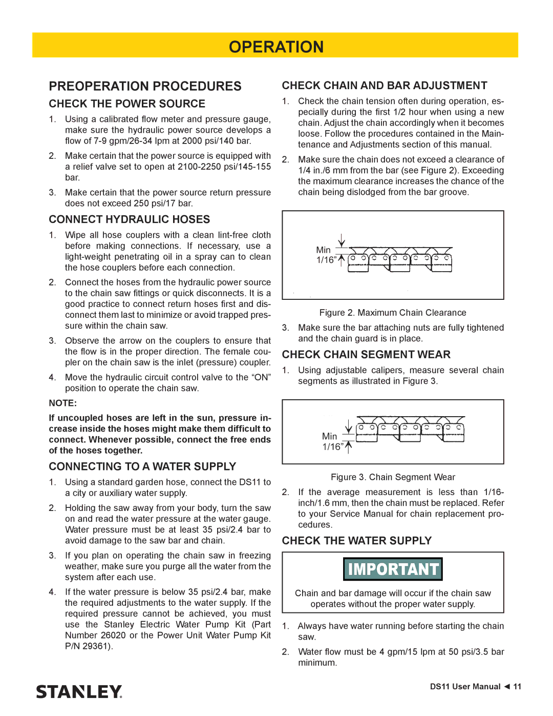 Stanley Black & Decker DS11 user manual Operation, Preoperation Procedures 