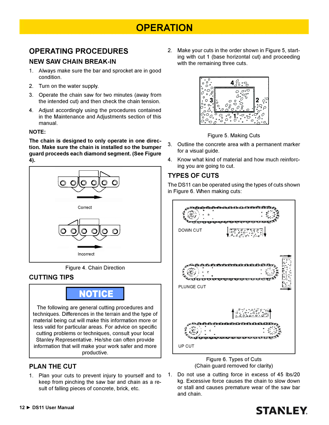 Stanley Black & Decker DS11 Operating Procedures, NEW SAW Chain BREAK-IN, Cutting Tips, Plan the CUT, Types of Cuts 