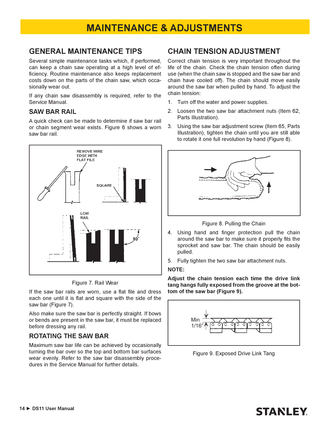 Stanley Black & Decker DS11 Maintenance & Adjustments, General Maintenance Tips, Chain Tension Adjustment, SAW BAR Rail 