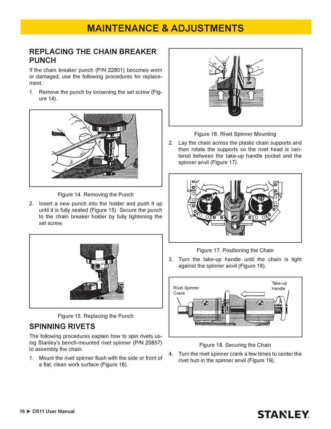 Stanley Black & Decker DS11 user manual Replacing the Chain Breaker Punch, Spinning Rivets 