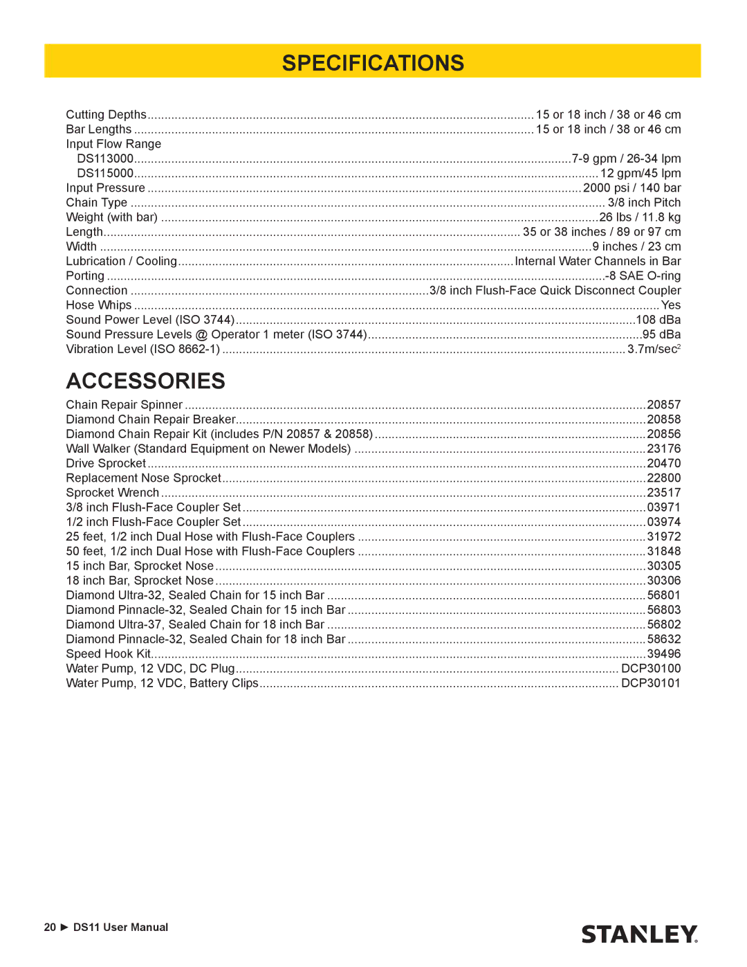 Stanley Black & Decker DS11 user manual Specifications, Accessories 