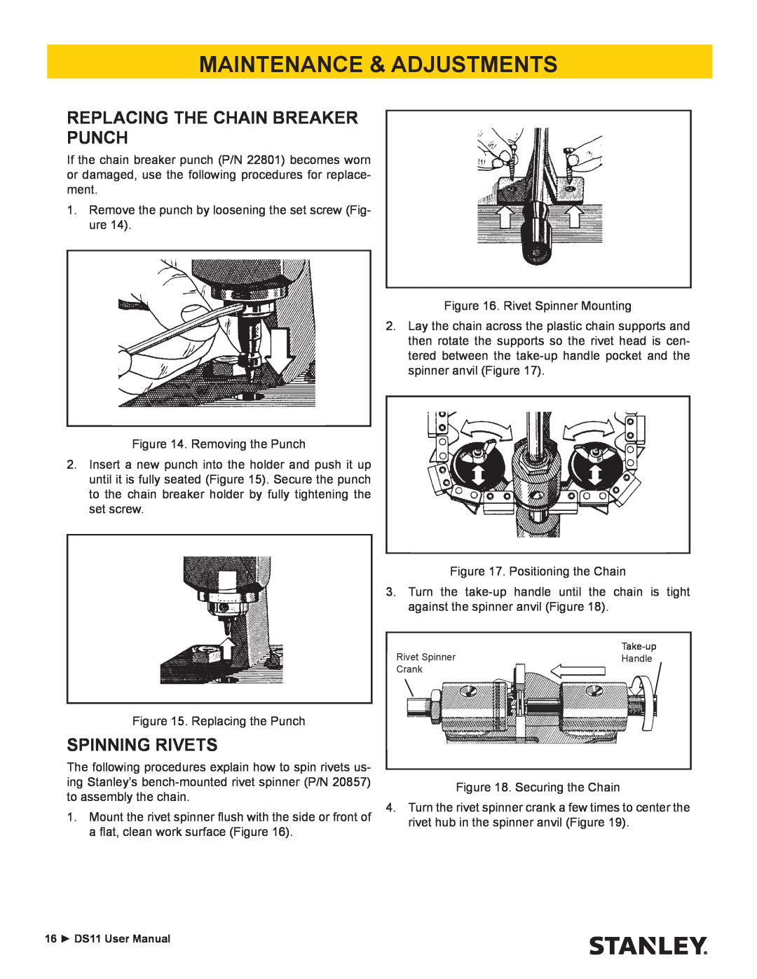 Stanley Black & Decker DS11 user manual Replacing The Chain Breaker Punch, Spinning Rivets, Maintenance & Adjustments 