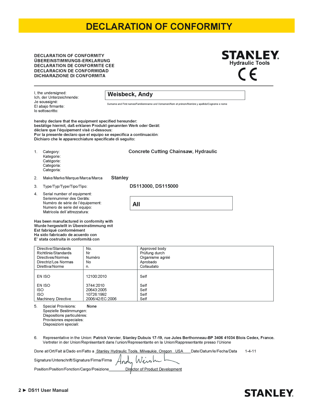 Stanley Black & Decker DS11 Declaration Of Conformity, Weisbeck, Andy, Concrete Cutting Chainsaw, Hydraulic, Stanley, None 