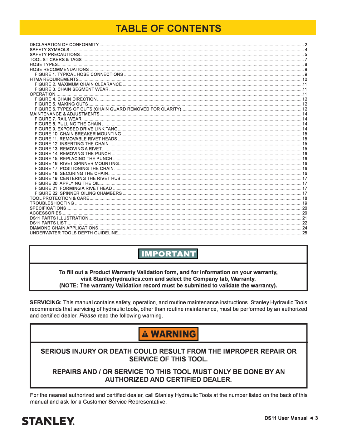 Stanley Black & Decker DS11 user manual Table Of Contents, Service Of This Tool, Authorized And Certified Dealer 
