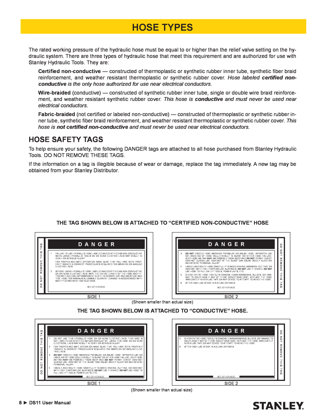 Stanley Black & Decker DS11 user manual Hose Types, Hose Safety Tags, D A N G E R 