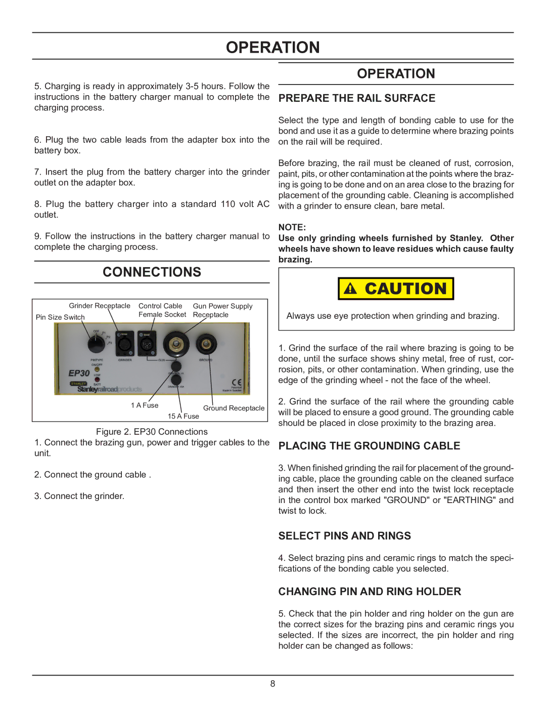 Stanley Black & Decker EP30 user manual Prepare the Rail Surface, Placing the Grounding Cable, Select Pins and Rings 