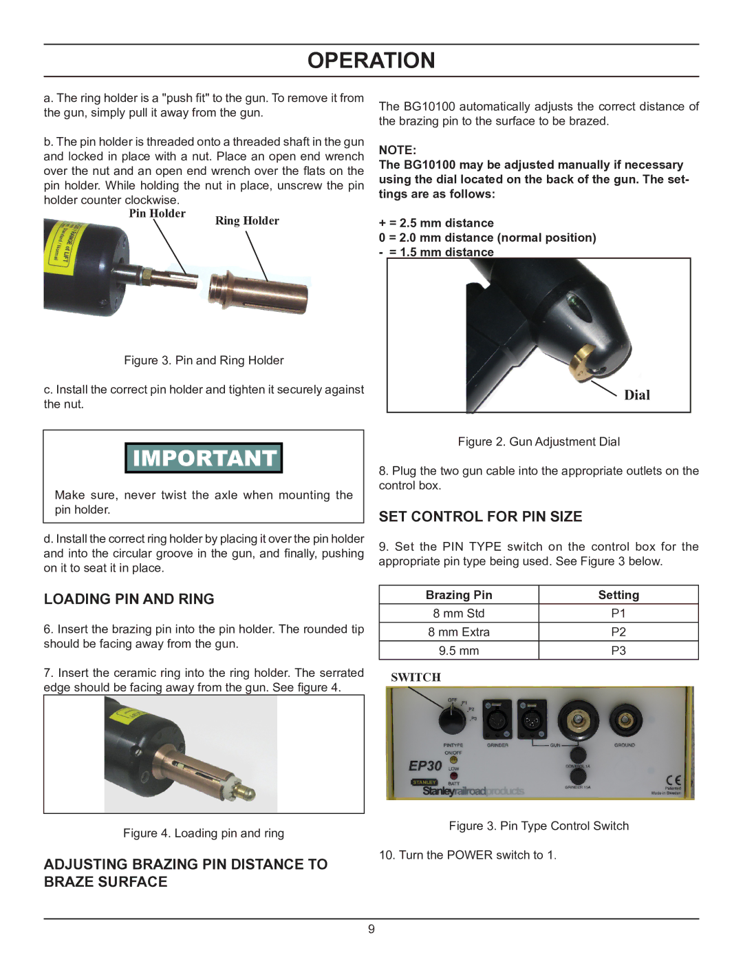 Stanley Black & Decker EP30 user manual Loading PIN and Ring, Adjusting Brazing PIN Distance to Braze Surface 