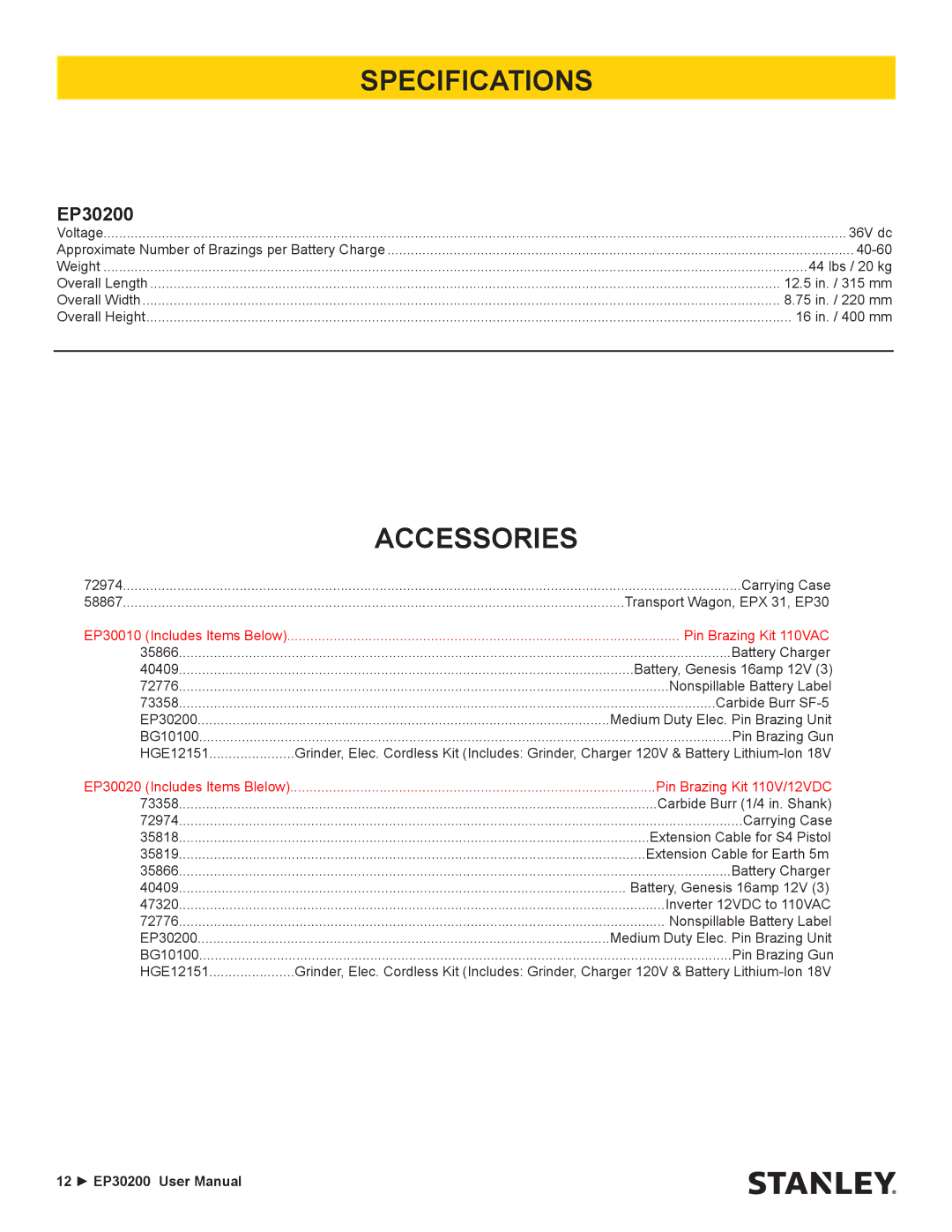 Stanley Black & Decker EP30200 user manual Specifications, Accessories 