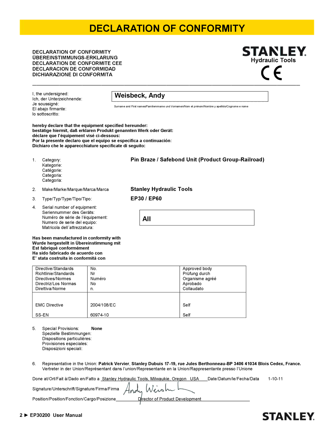 Stanley Black & Decker EP30200 user manual Declaration of Conformity, Weisbeck, Andy, All 