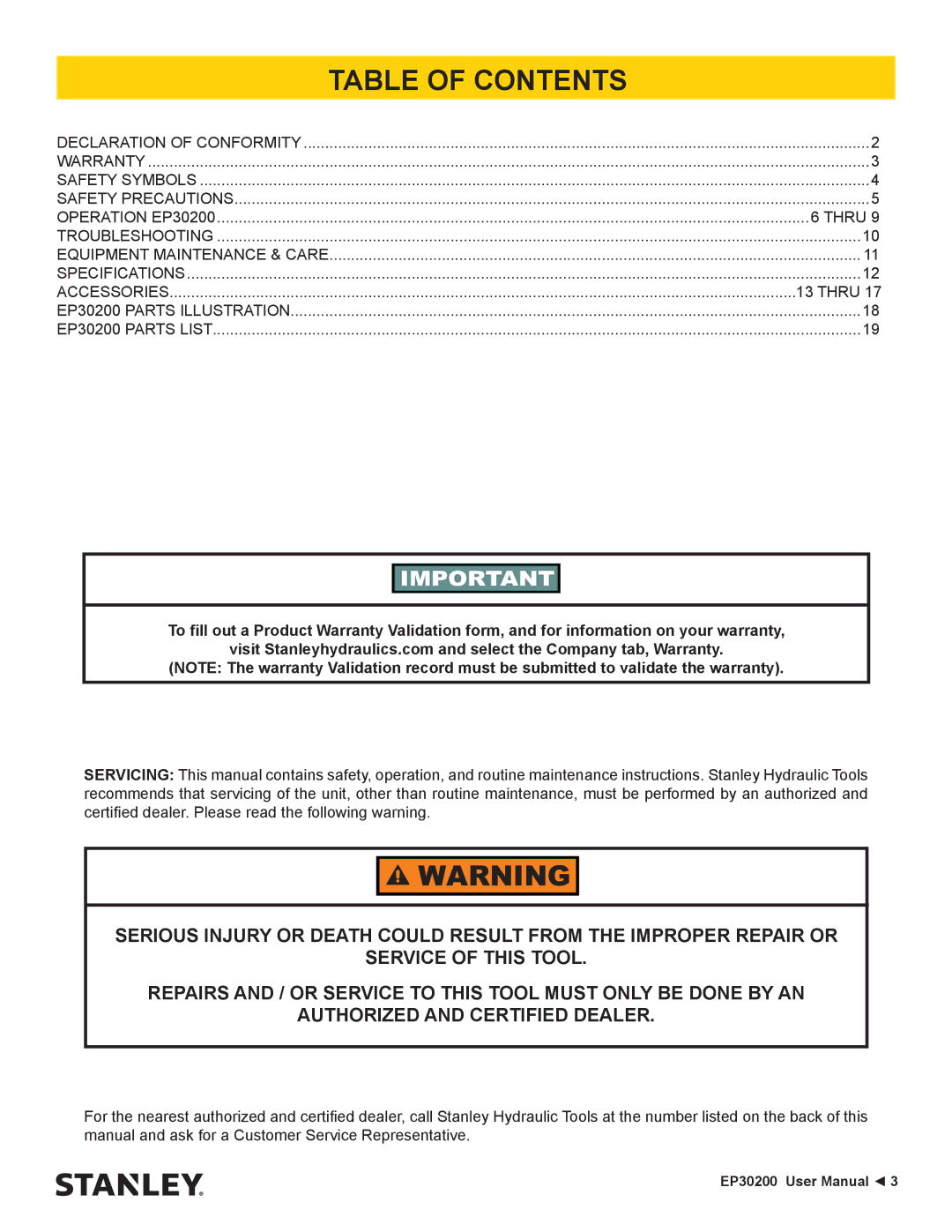 Stanley Black & Decker EP30200 user manual Table of Contents 