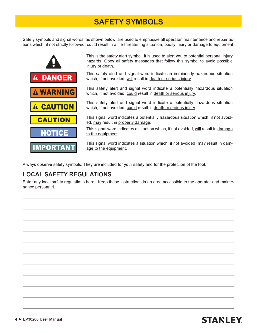 Stanley Black & Decker EP30200 user manual Safety Symbols, Local Safety Regulations 