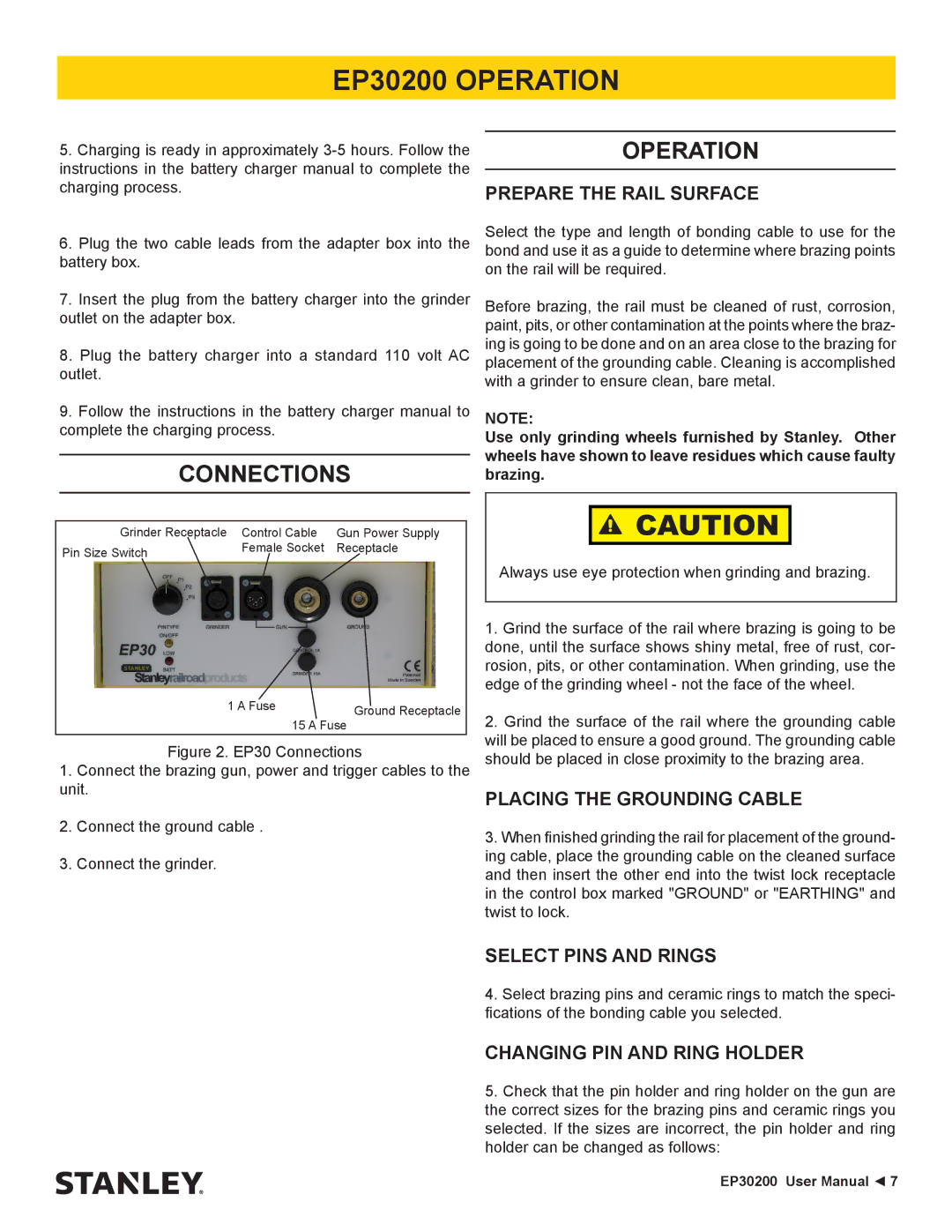 Stanley Black & Decker EP30200 user manual Prepare the Rail Surface, Placing the Grounding Cable, Select Pins and Rings 