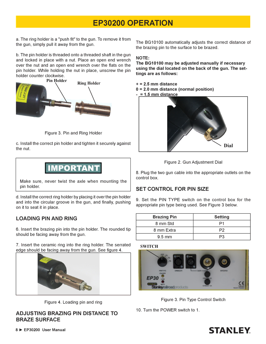 Stanley Black & Decker EP30200 user manual Loading PIN and Ring, Adjusting Brazing PIN Distance to Braze Surface 