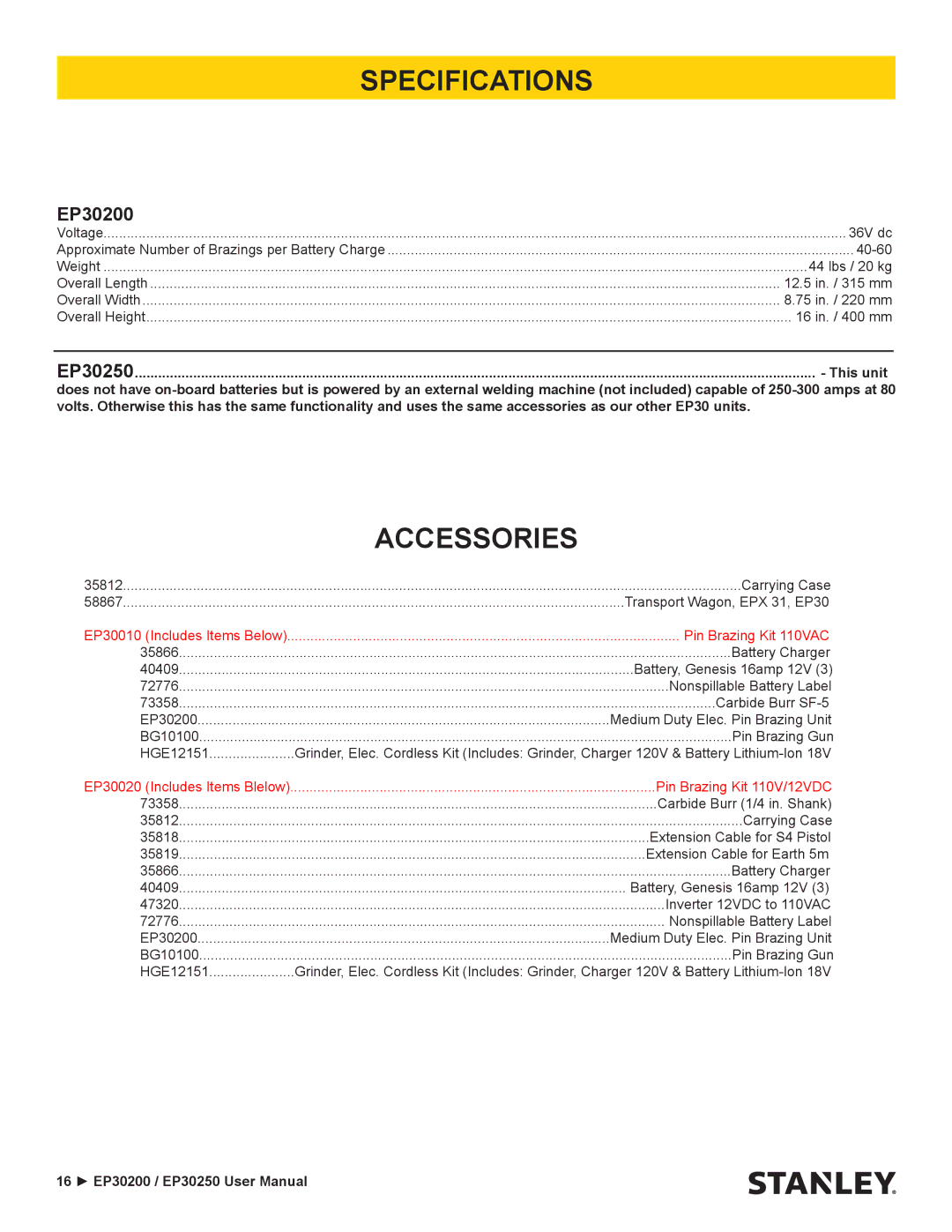 Stanley Black & Decker EP30250 user manual Specifications, Accessories 