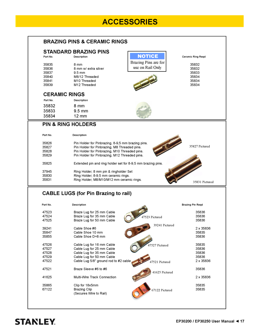 Stanley Black & Decker EP30250 user manual Brazing Pins & Ceramic Rings Standard Brazing Pins, PIN & Ring Holders 