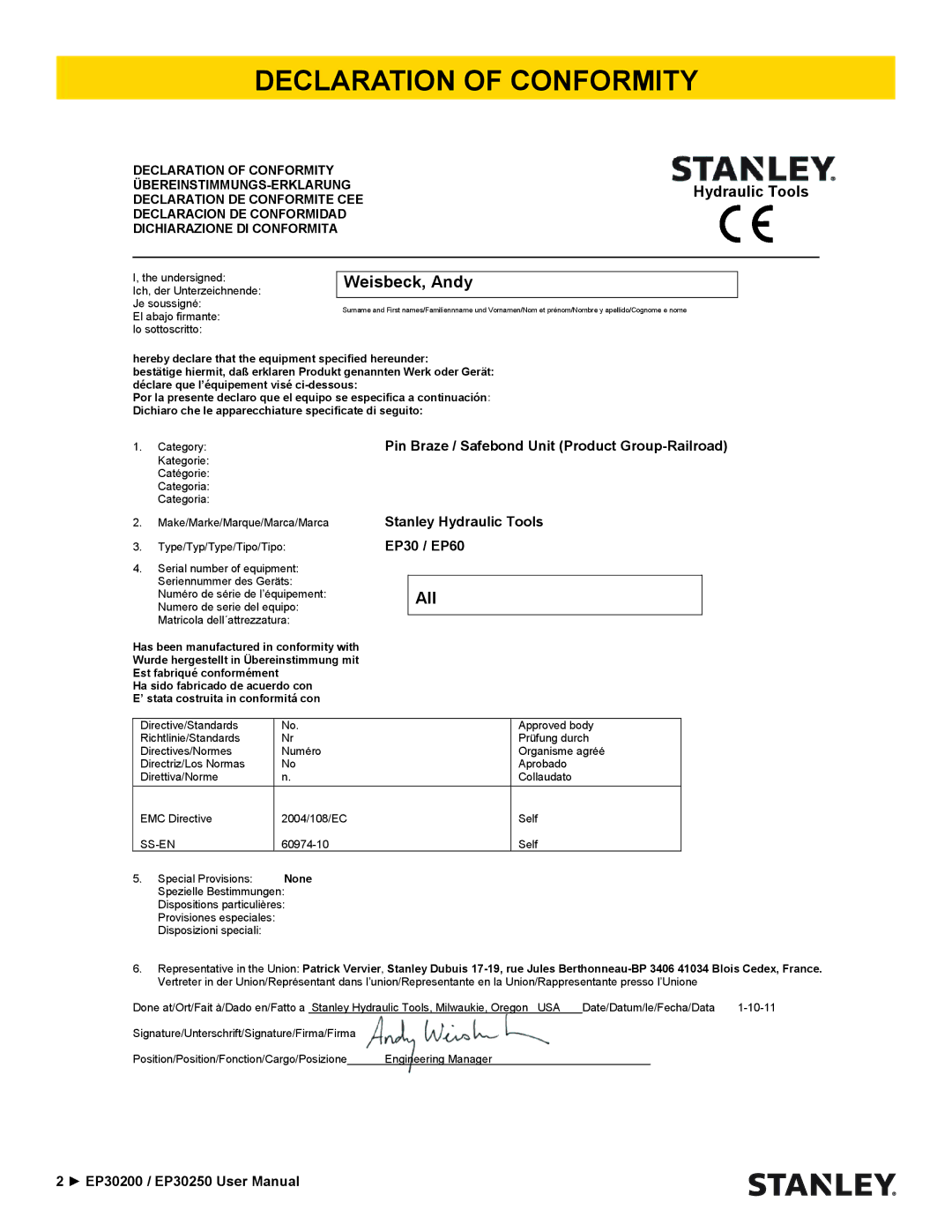 Stanley Black & Decker EP30250 user manual Declaration of Conformity, Weisbeck, Andy 