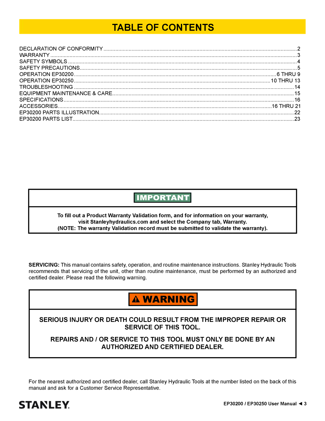 Stanley Black & Decker EP30250 user manual Table of Contents 