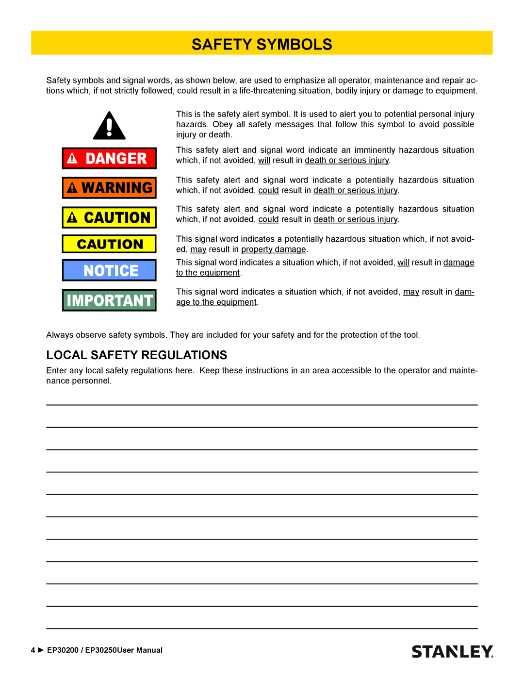 Stanley Black & Decker EP30250 user manual Safety Symbols, Local Safety Regulations 