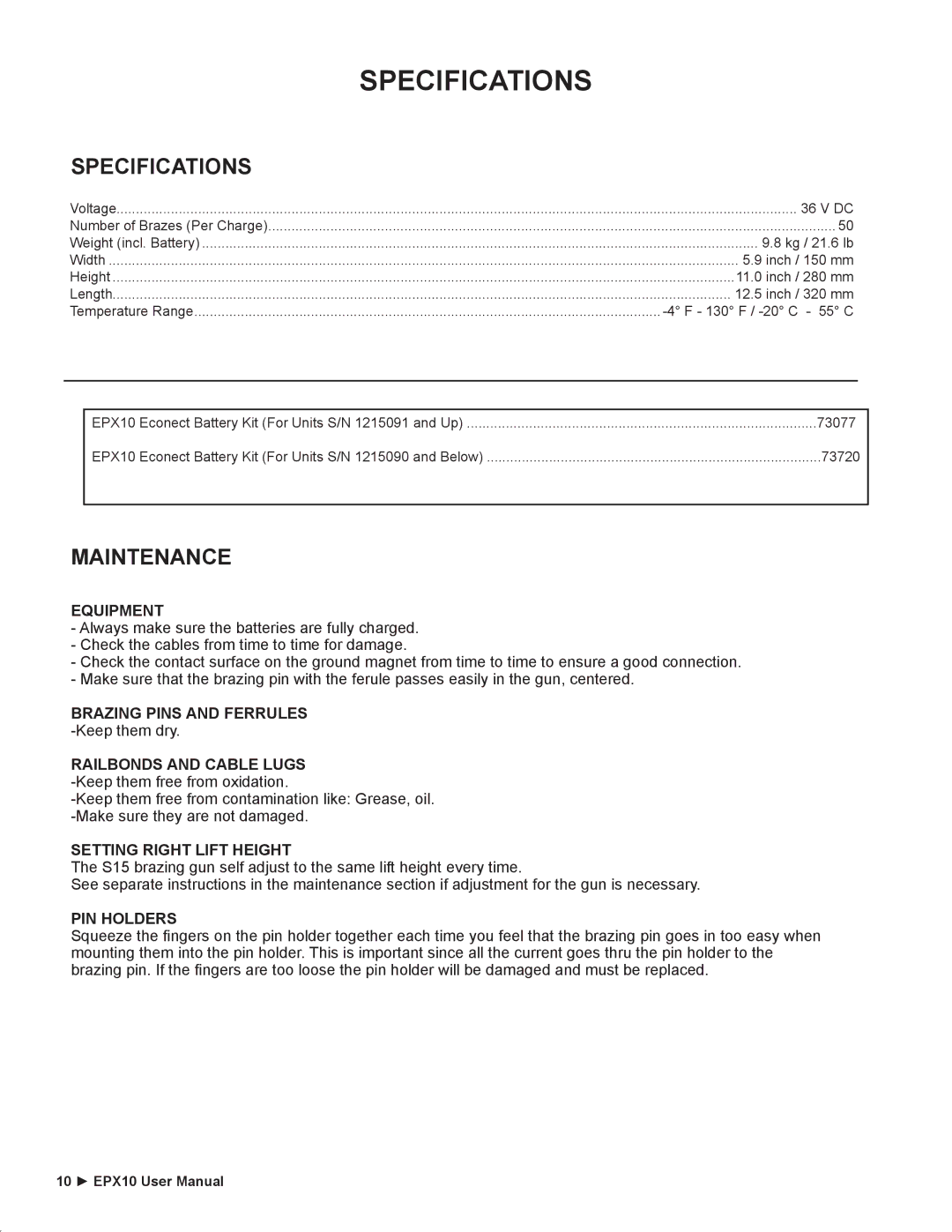 Stanley Black & Decker EPX10 user manual Specifications, Equipment, Setting Right Lift Height, PIN Holders 