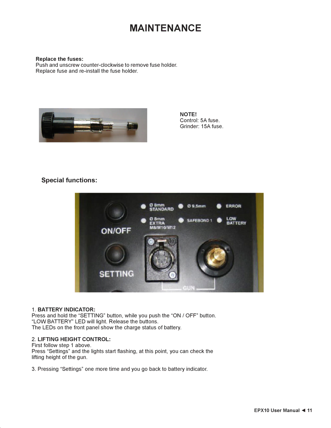 Stanley Black & Decker EPX10 user manual Maintenance, Battery Indicator, Lifting Height Control 