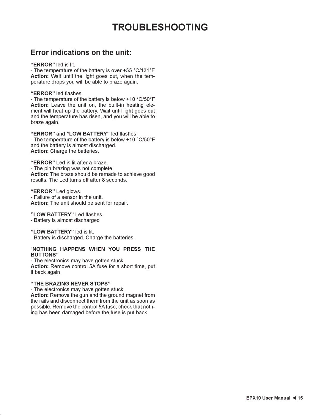 Stanley Black & Decker EPX10 user manual Troubleshooting, Nothing Happens When YOU Press Buttons, Brazing Never Stops 