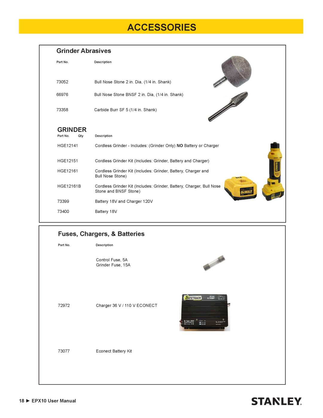 Stanley Black & Decker EPX10 user manual Grinder Abrasives 