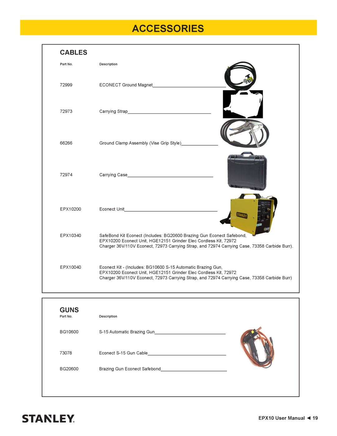 Stanley Black & Decker EPX10 user manual Cables, Guns 