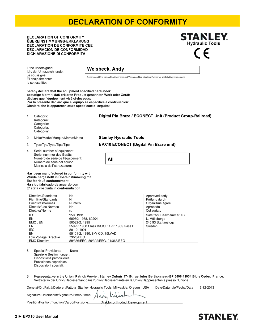 Stanley Black & Decker EPX10 user manual Declaration of Conformity, Weisbeck, Andy 