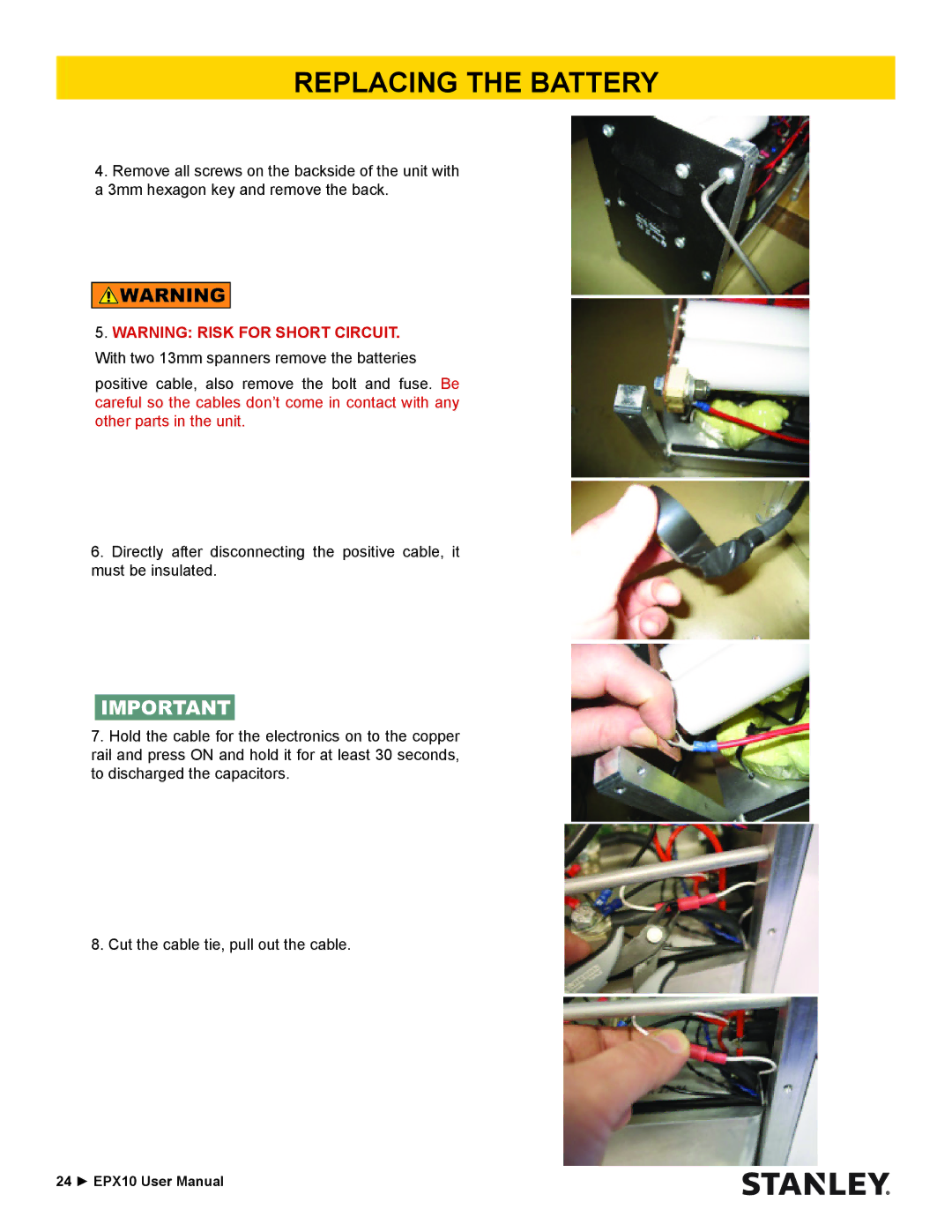 Stanley Black & Decker EPX10 user manual Replacing the Battery 