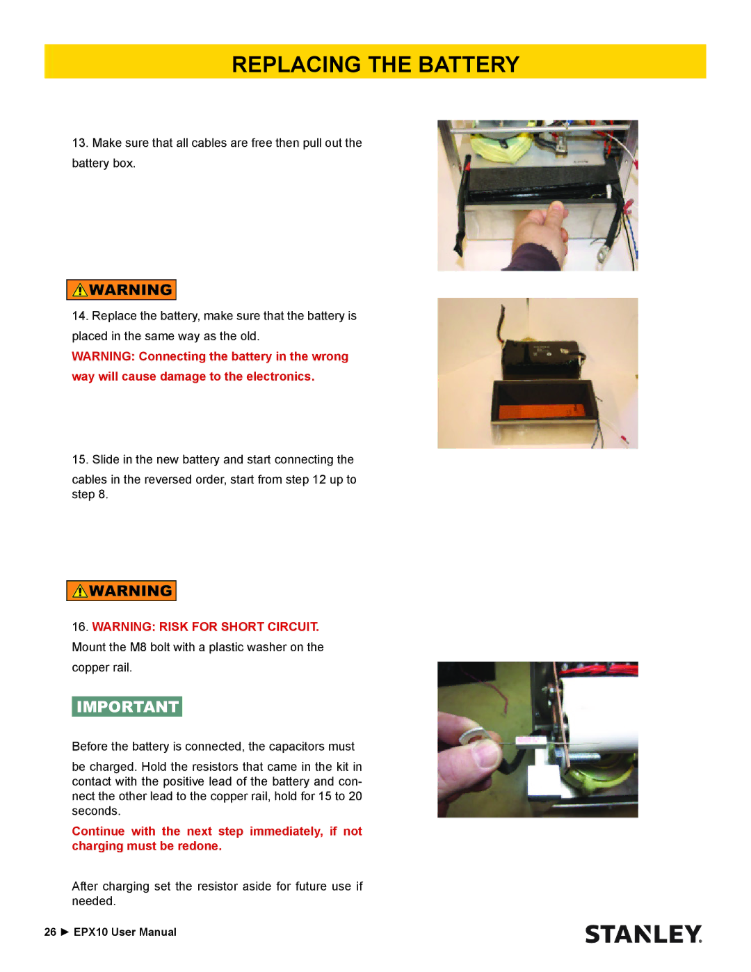 Stanley Black & Decker EPX10 user manual Replacing the Battery 