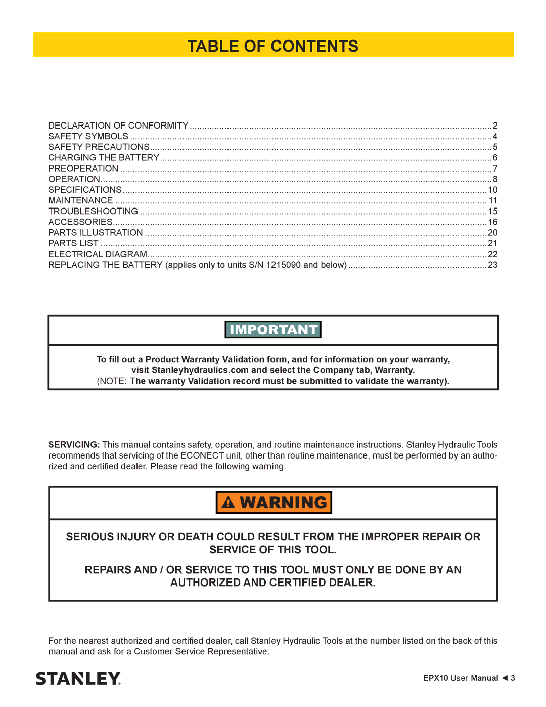 Stanley Black & Decker EPX10 user manual Table of Contents 