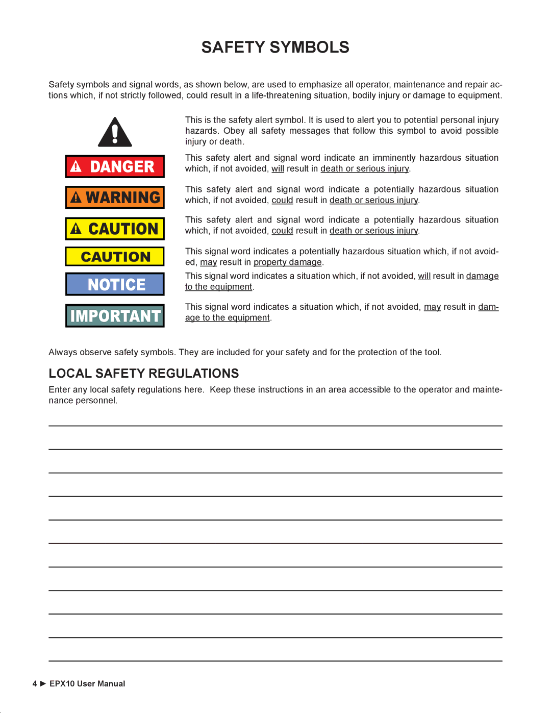 Stanley Black & Decker EPX10 user manual Safety Symbols, Local Safety Regulations 