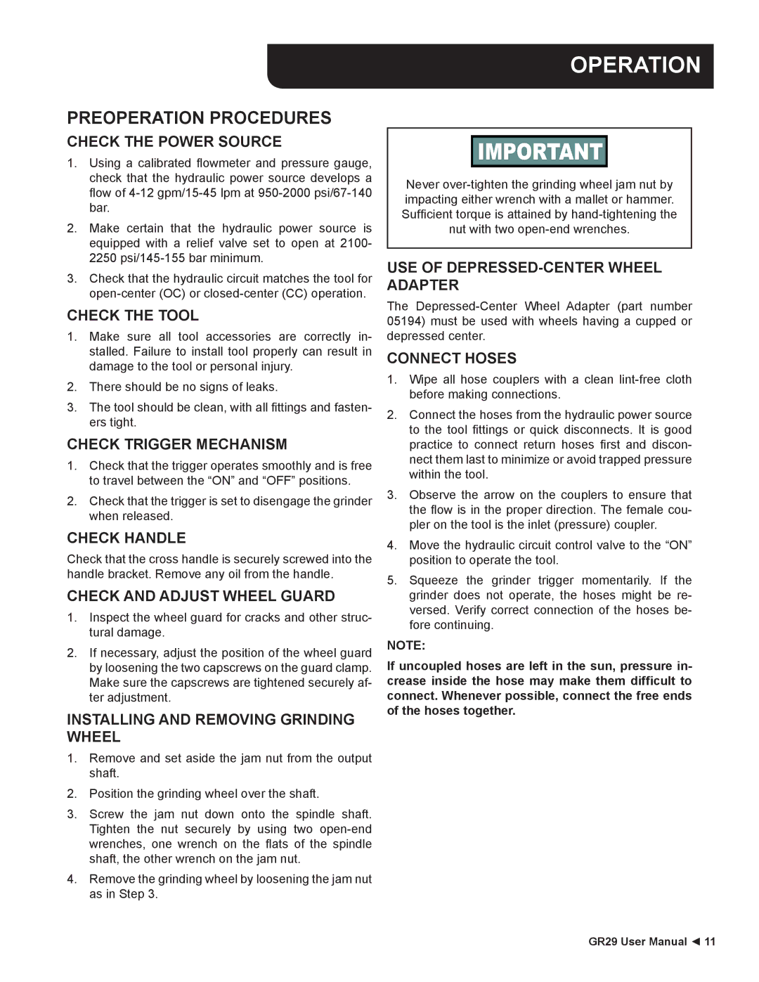 Stanley Black & Decker GR29 user manual Operation, Preoperation Procedures 