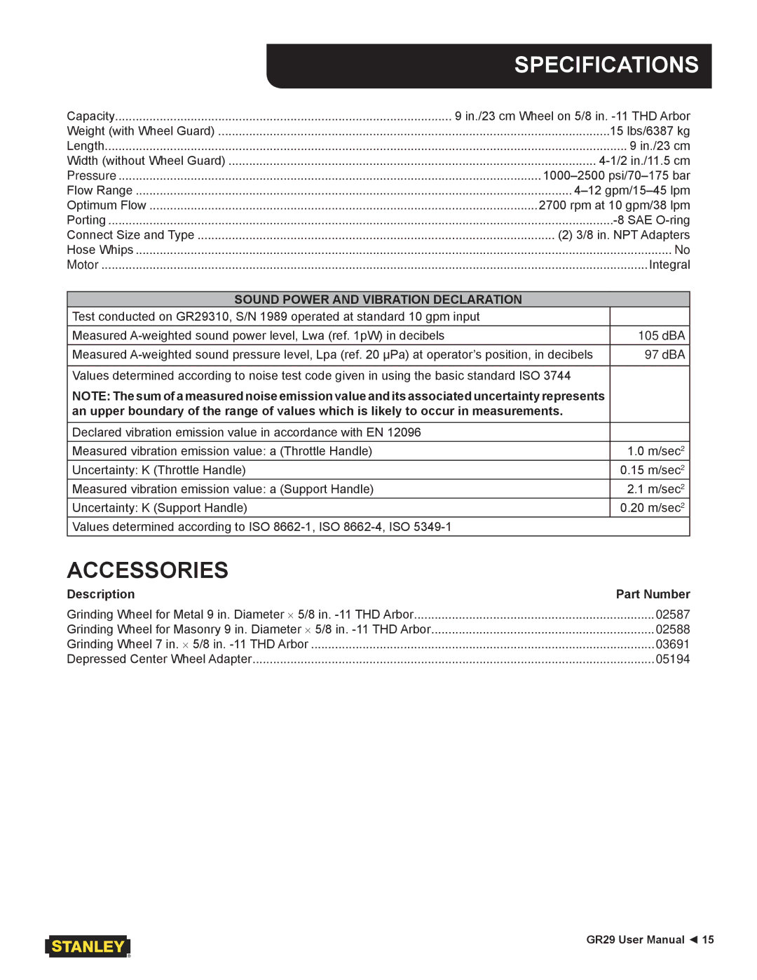 Stanley Black & Decker GR29 user manual Specifications, Sound Power and Vibration Declaration 