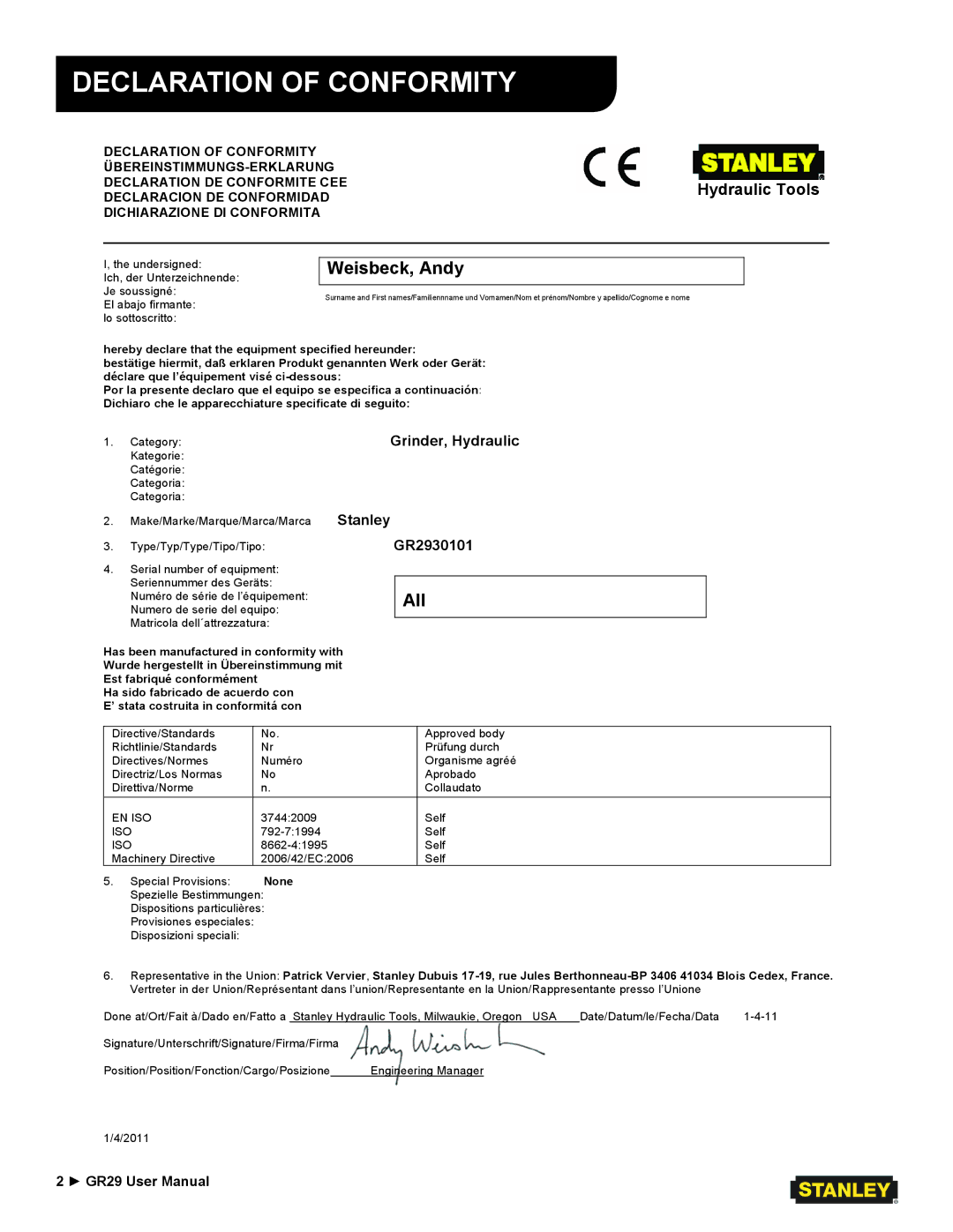 Stanley Black & Decker GR29 user manual Declaration of Conformity, Weisbeck, Andy 