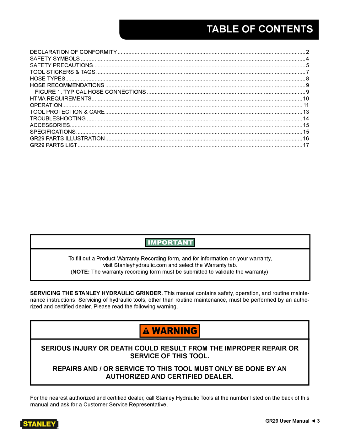 Stanley Black & Decker GR29 user manual Table of Contents 