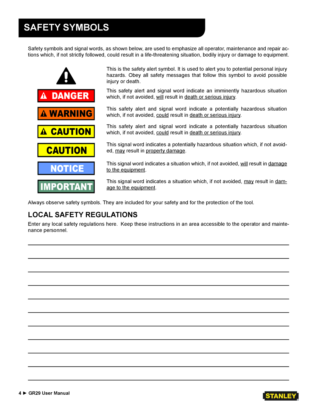 Stanley Black & Decker GR29 user manual Safety Symbols, Local Safety Regulations 